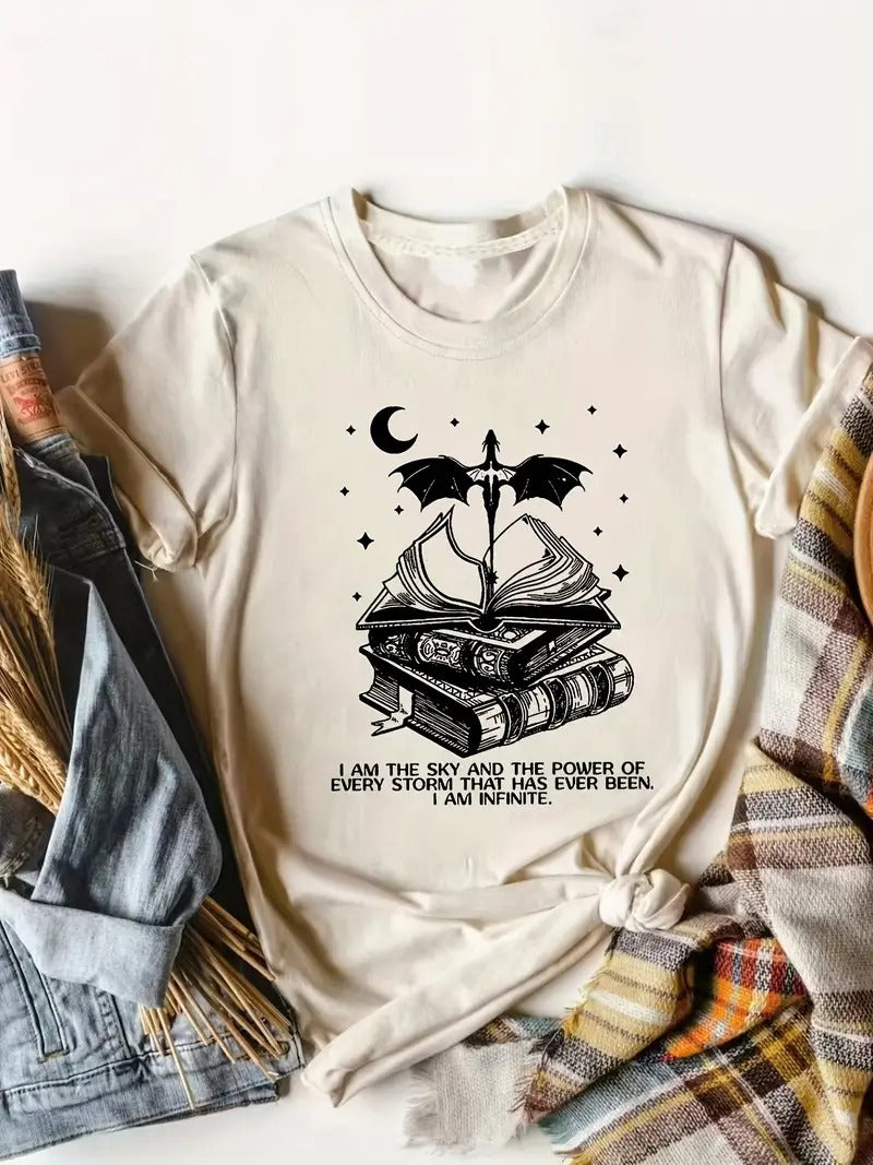 Fourth Wing Book & Dragon  Print Crew Neck T-shirt