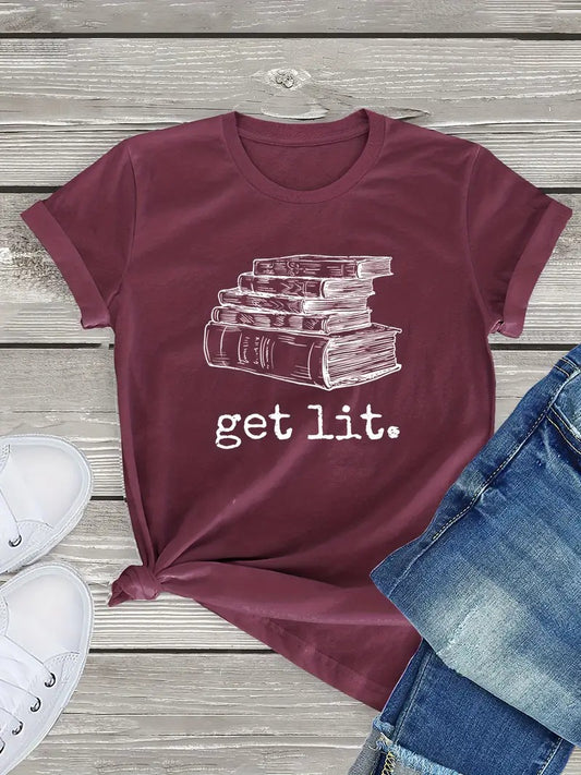 Get Lit With Books Print T-shirt, Casual Round Neck Short Sleeve T-shirt