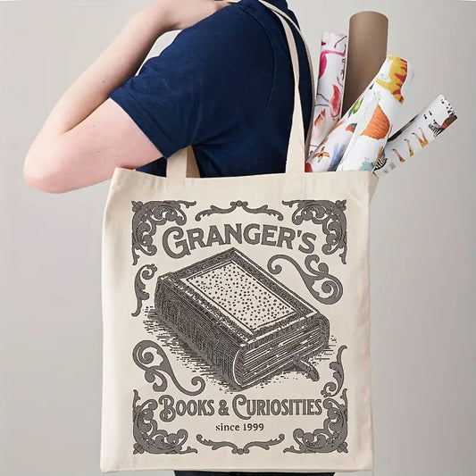 1pc "Granger's Books And Curiosities Since 1999" Pattern Canvas Tote Bag, Retro Style