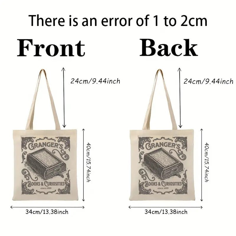 1pc "Granger's Books And Curiosities Since 1999" Pattern Canvas Tote Bag, Retro Style