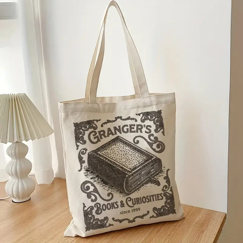 1pc "Granger's Books And Curiosities Since 1999" Pattern Canvas Tote Bag, Retro Style