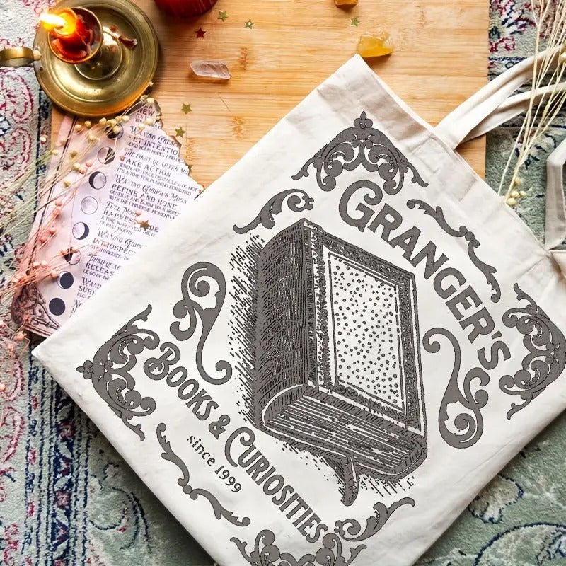 1pc "Granger's Books And Curiosities Since 1999" Pattern Canvas Tote Bag, Retro Style