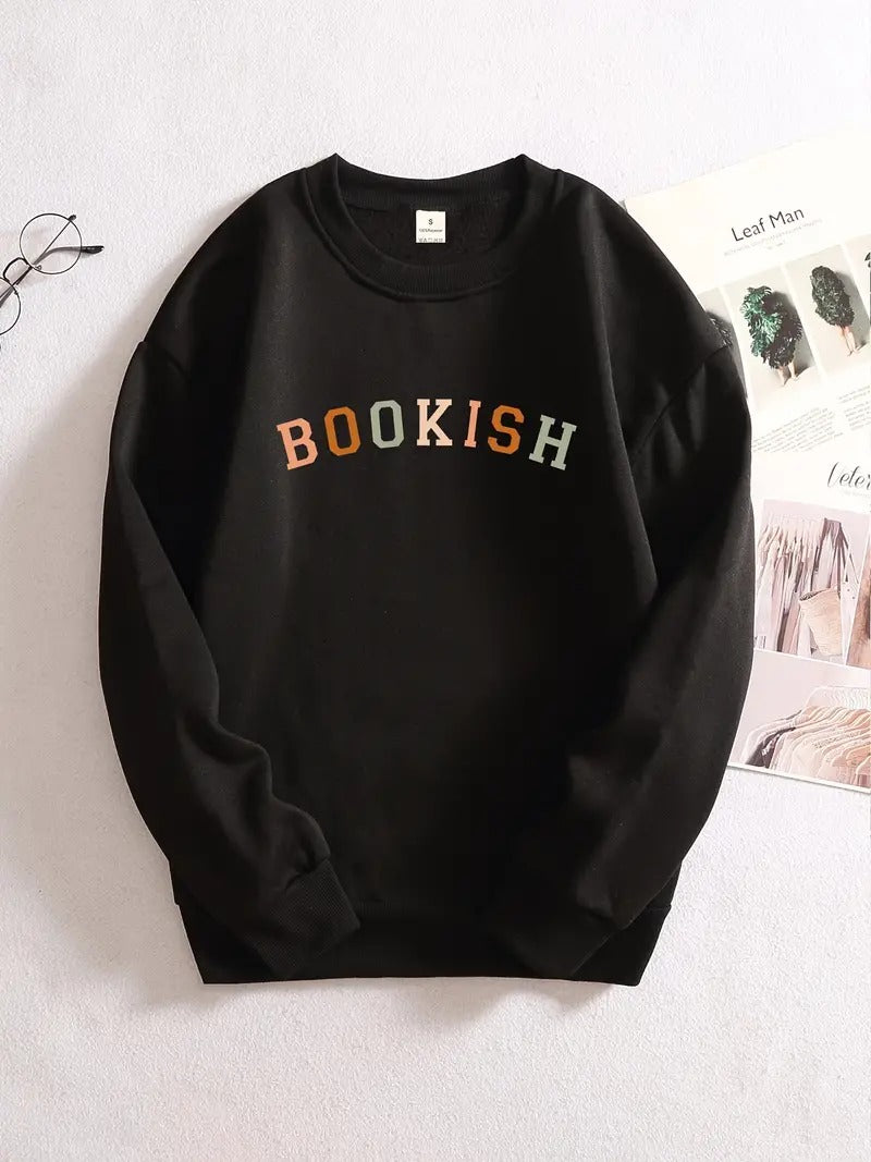 Bookish Letter Print Sweatshirt, Casual Crew Neck Long Sleeve Sweatshirt