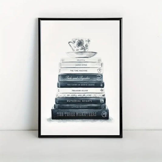 Tea Cup Stacked on Blue and White Classic Books Canvas Print Poster