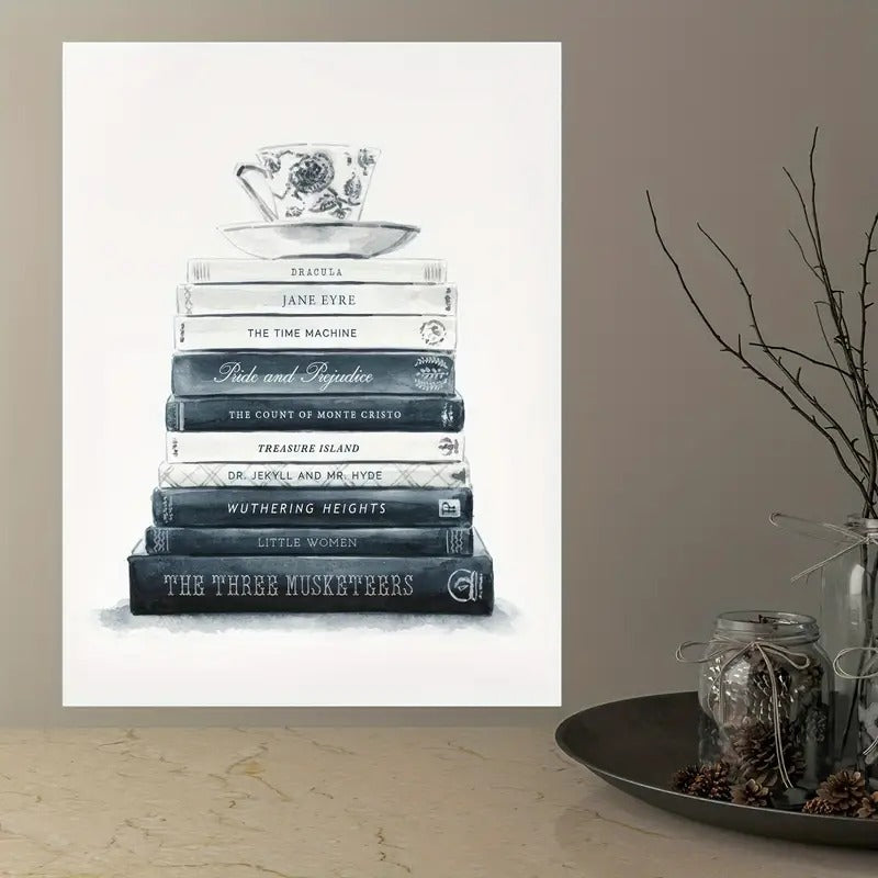 Tea Cup Stacked on Blue and White Classic Books Canvas Print Poster