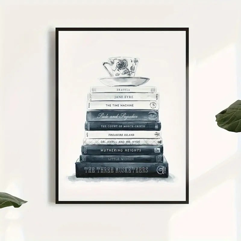 Tea Cup Stacked on Blue and White Classic Books Canvas Print Poster