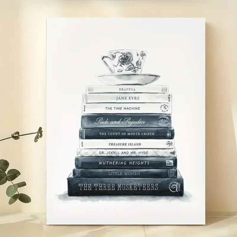 Tea Cup Stacked on Blue and White Classic Books Canvas Print Poster