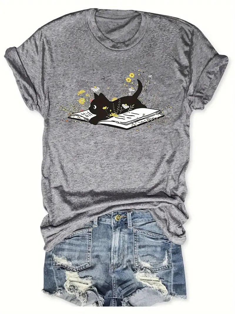 Cat & Book Print Crew Neck T-Shirt, Casual Short Sleeve Top