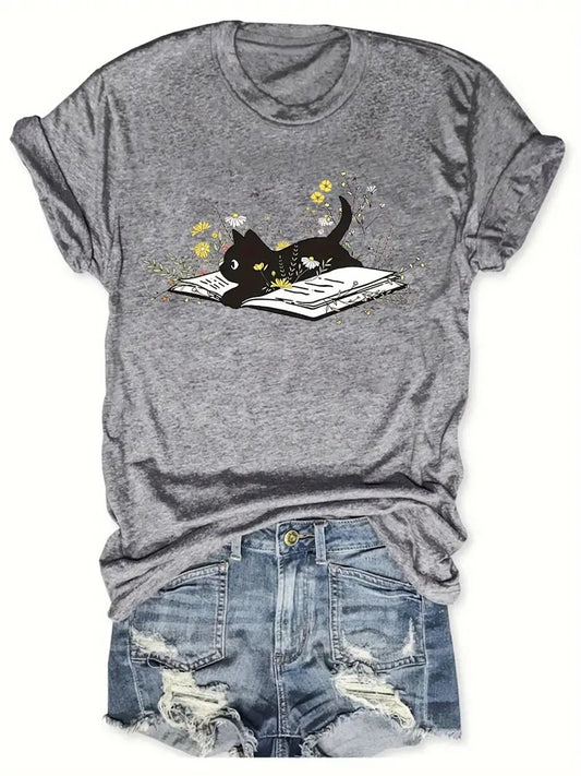 Cat & Book Print Crew Neck T-Shirt, Casual Short Sleeve Top